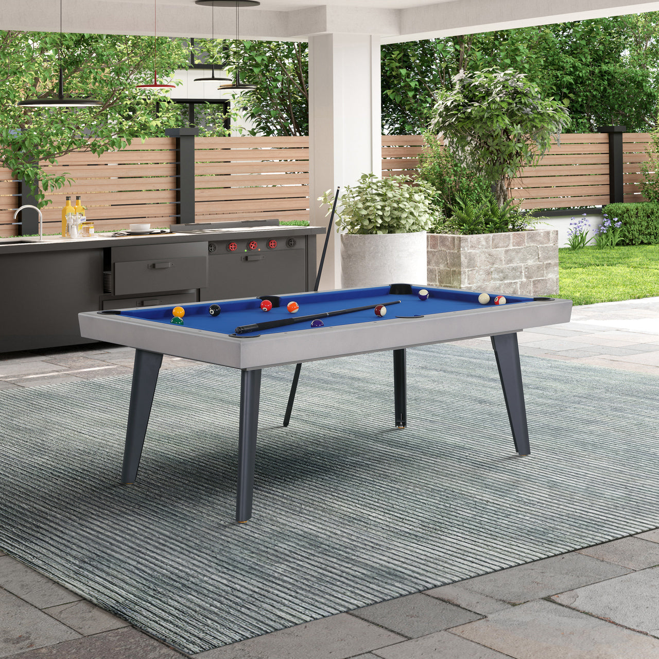Playcraft Santorini 7’ Outdoor Slate Pool Table w/ Dining Top, Benches, and Ping Pong