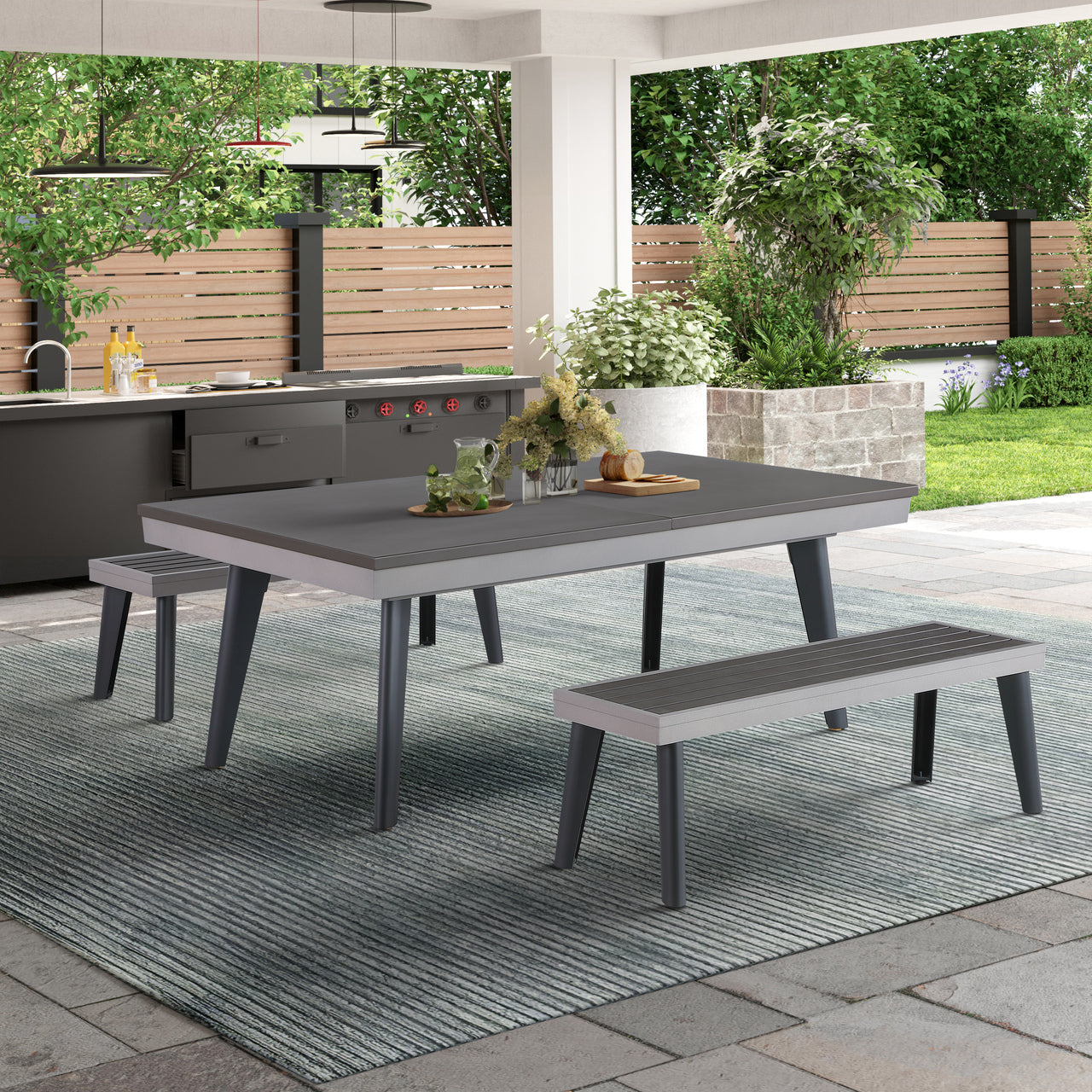 Playcraft Santorini 7’ Outdoor Slate Pool Table w/ Dining Top, Benches, and Ping Pong