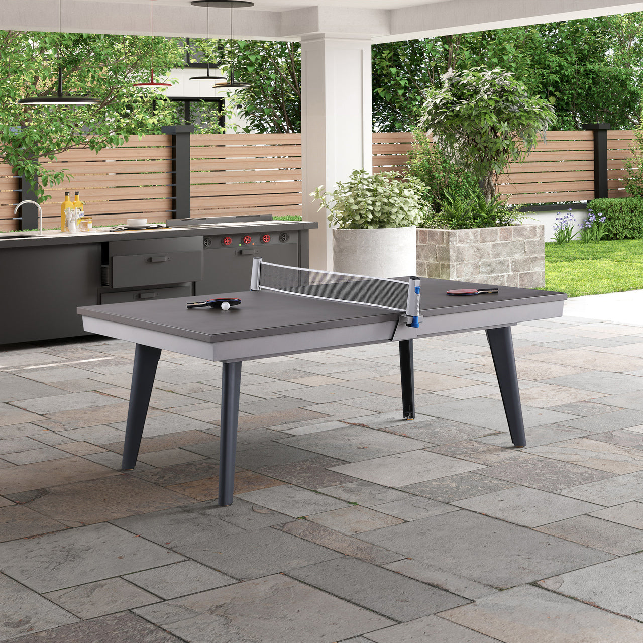 Playcraft Santorini 7’ Outdoor Slate Pool Table w/ Dining Top, Benches, and Ping Pong